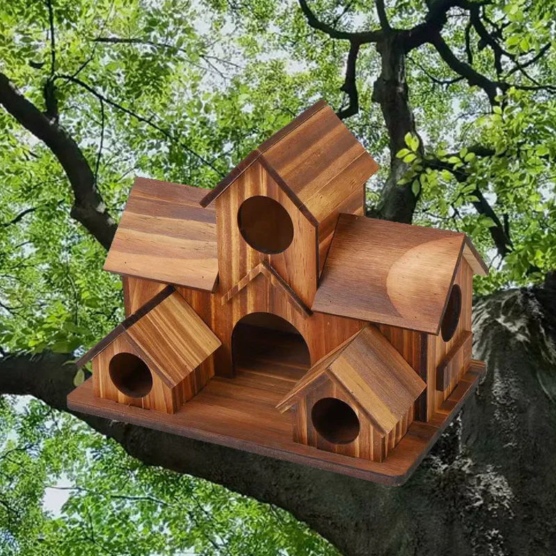 Rustic Bird House สวนไม้ธรรมชาติแขวนกลางแจ้ง Feeder Villa Nest Handmade กันน้ําตกแต่งสําหรับนกป่า Habitat