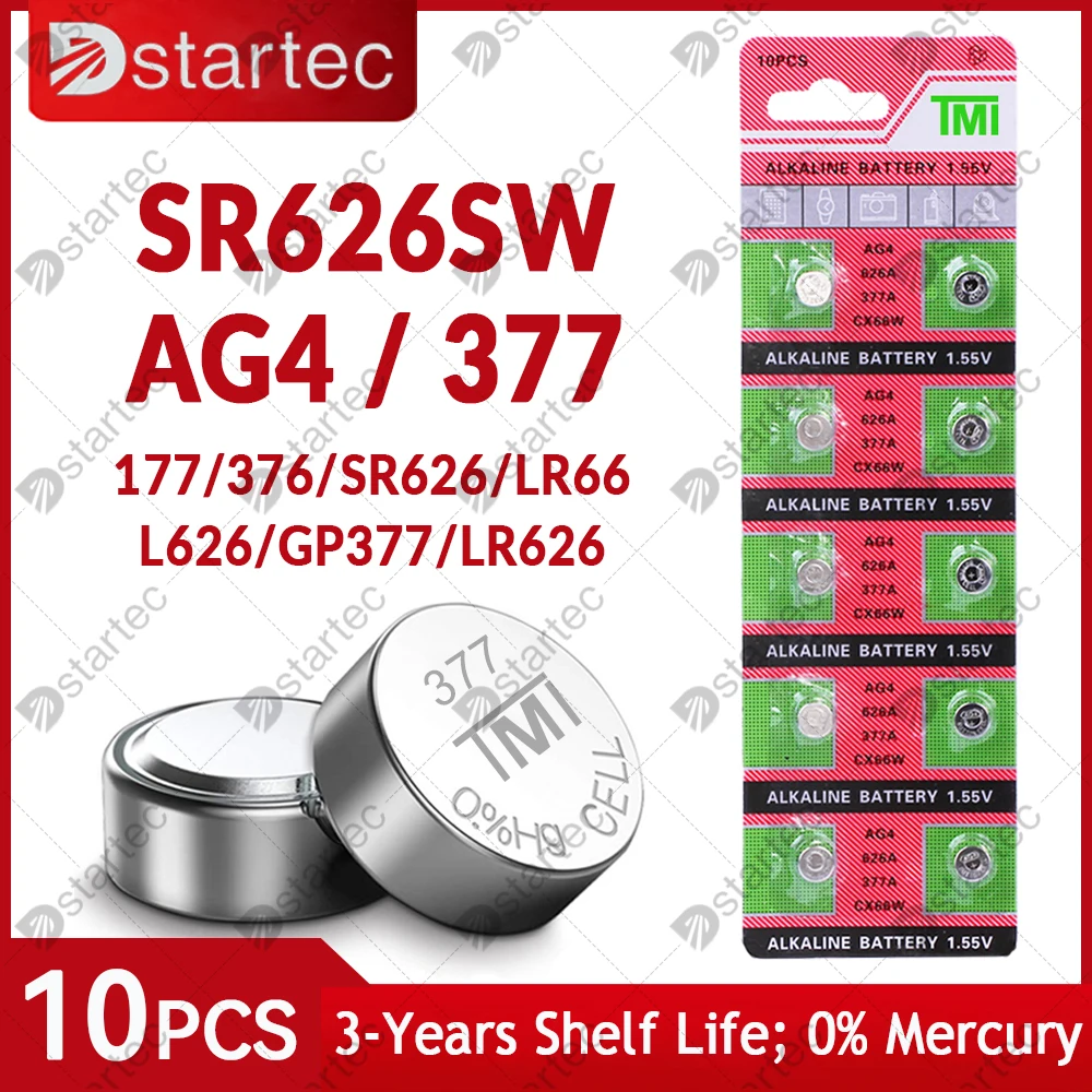 

10PCS AG4 LR66 377 1.55V Пульт дистанционного управления игрушками для часов таблеточного типа 377A SR626 196 SR626SW CX66 L626 376