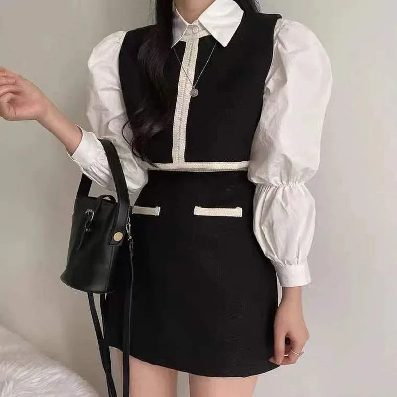 DAYIFUN Lady Suits Lapel Puff Sleeve Shirts + Contrast Color Vest + High Waist Skirt Three-piece Sets Women Preppy Style Suit