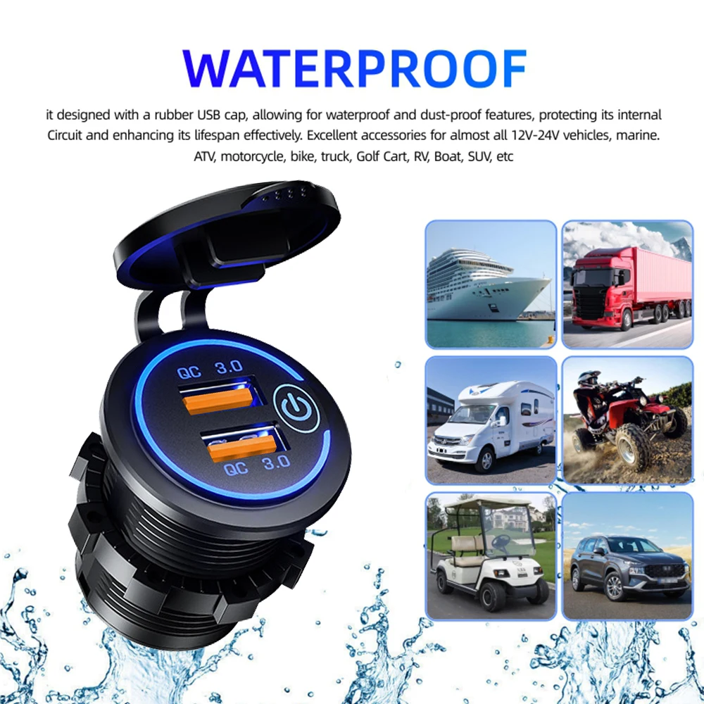 Car Charger Car Phone Charger Quick Charge 3.0 Dual USB Fast Car Charger Waterproof 12V/24V QC3.0 Power Outlet with Touch Switch&Led Light