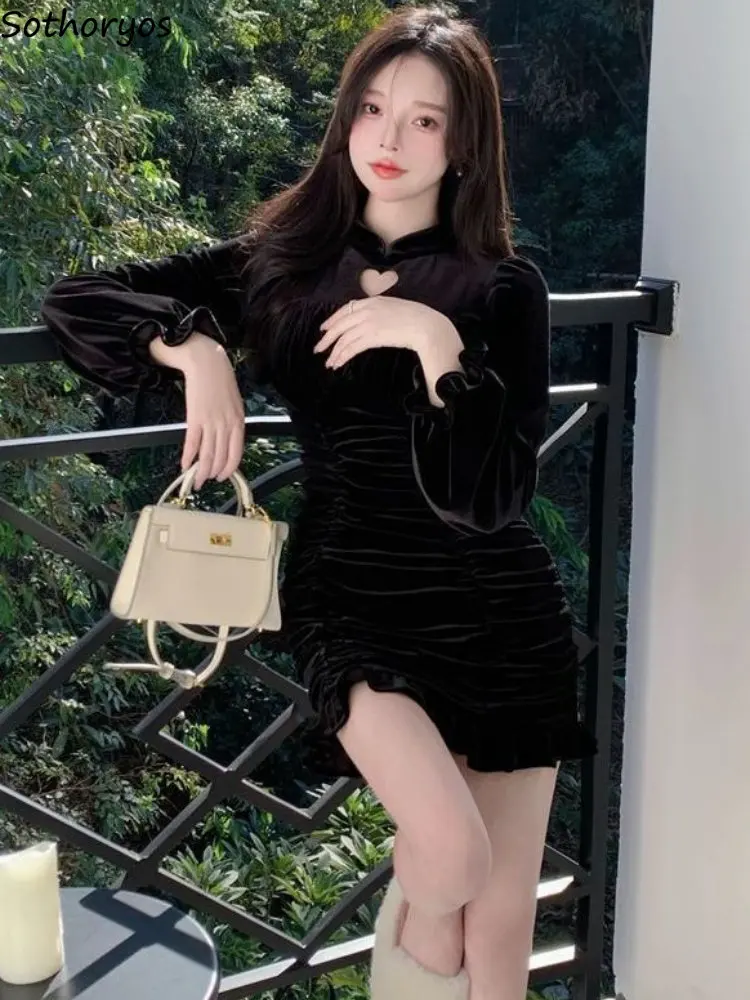 

Dresses Women Elegant Leisure Minimalist Pure Mini Vestidos Korean Style Folds Sexy Slim Retro Tender Fashion Ladies Autumn Ins