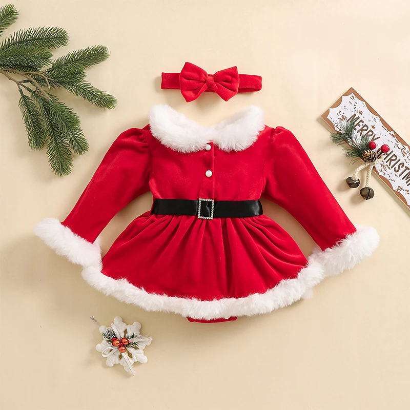 Newborn Baby Girls Rompers Dress Christmas Clothes Long Sleeve Furry Collar Velvet Patchwork A-Line Dress with Headband baby dress baby clothing