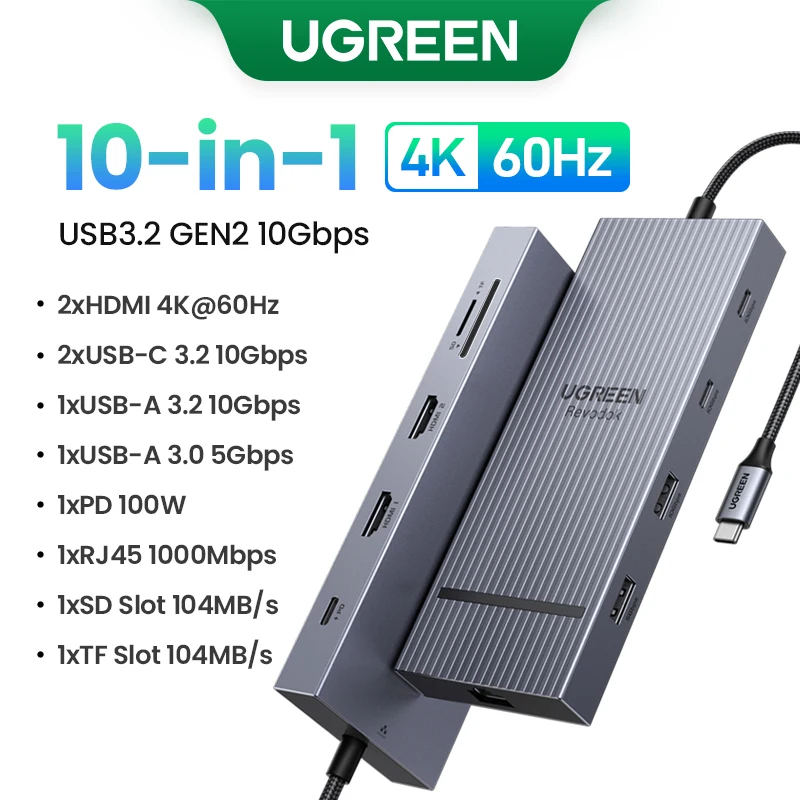 thumbnail image 1 of Adaptador HDMI 8K 4K UGREEN Dual HDMI USB-C HUB 10 en 1 con RJ45 USB3.0 PD 100W Dock para MacBook Pro Air Laptop USB HUB, 1 of 5