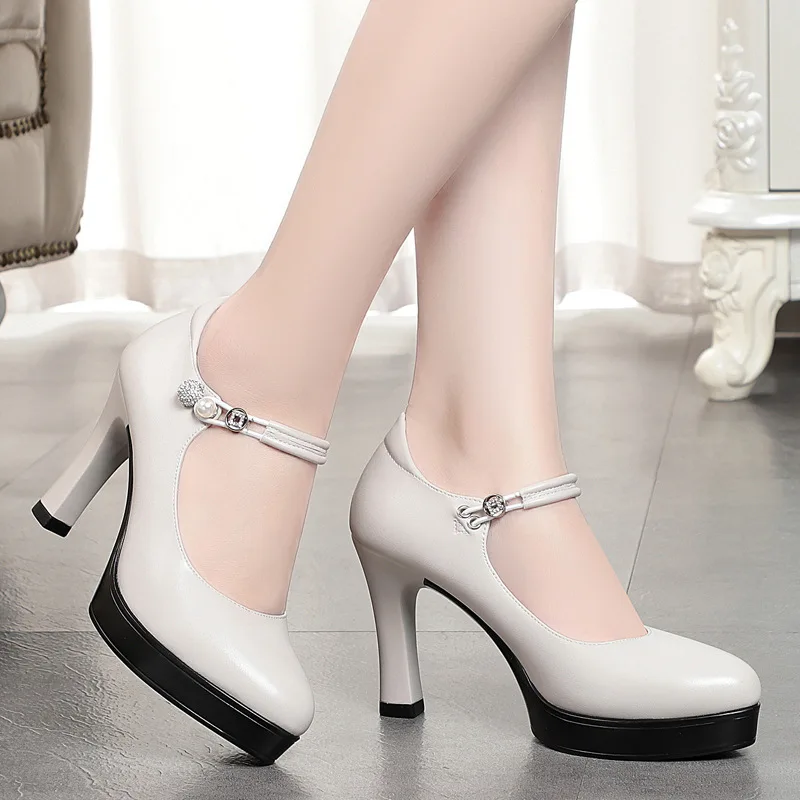 9cm Elegant Shallow Soft Leather Shoes Women Mary Janes Spring 2024 Block High Heels Shoes Platform Pumps for Office Model Mom