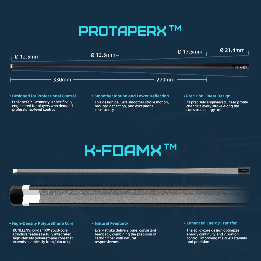 KONLLEN Carbon Fiber Pool Cue Stick KL-08 Low Deflection shaft
