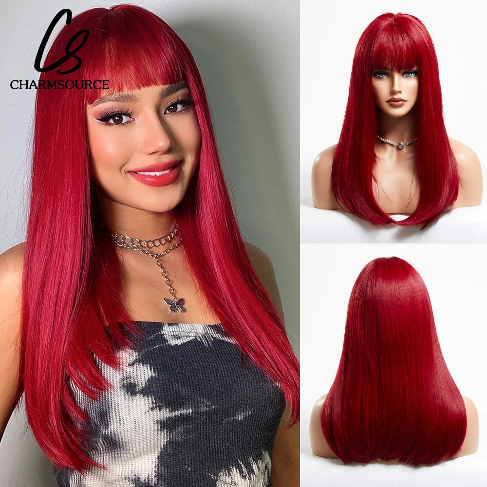 Ombre Deep Red Brown Dark Root Synthetic Wigs With Bangs Middle Long  Straight Wigs For Women Cosplay Daily Party Heat Resistant - Synthetic  Wigs(for Black) - AliExpress