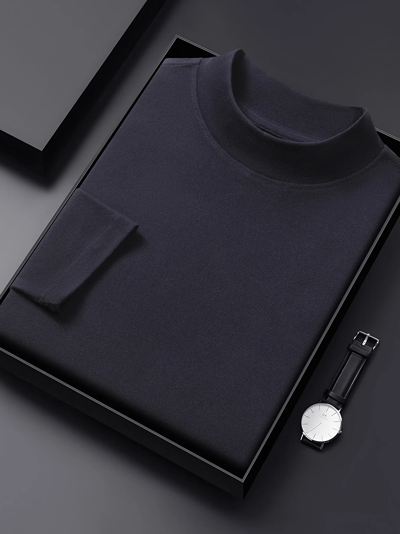 New Autumn Retro Long Sleeve Mens Casual Solid Color Top Mock Neck Slim Versatile Work T-shirt Unisex Breathable Outdoor Tee