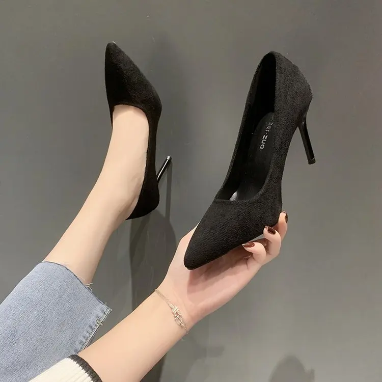 

Autumn New Simple Elegant High Heels Stiletto Womens Shoes Pointed Black Etiquette Professional Single Shoes Wedding Shoes 2023