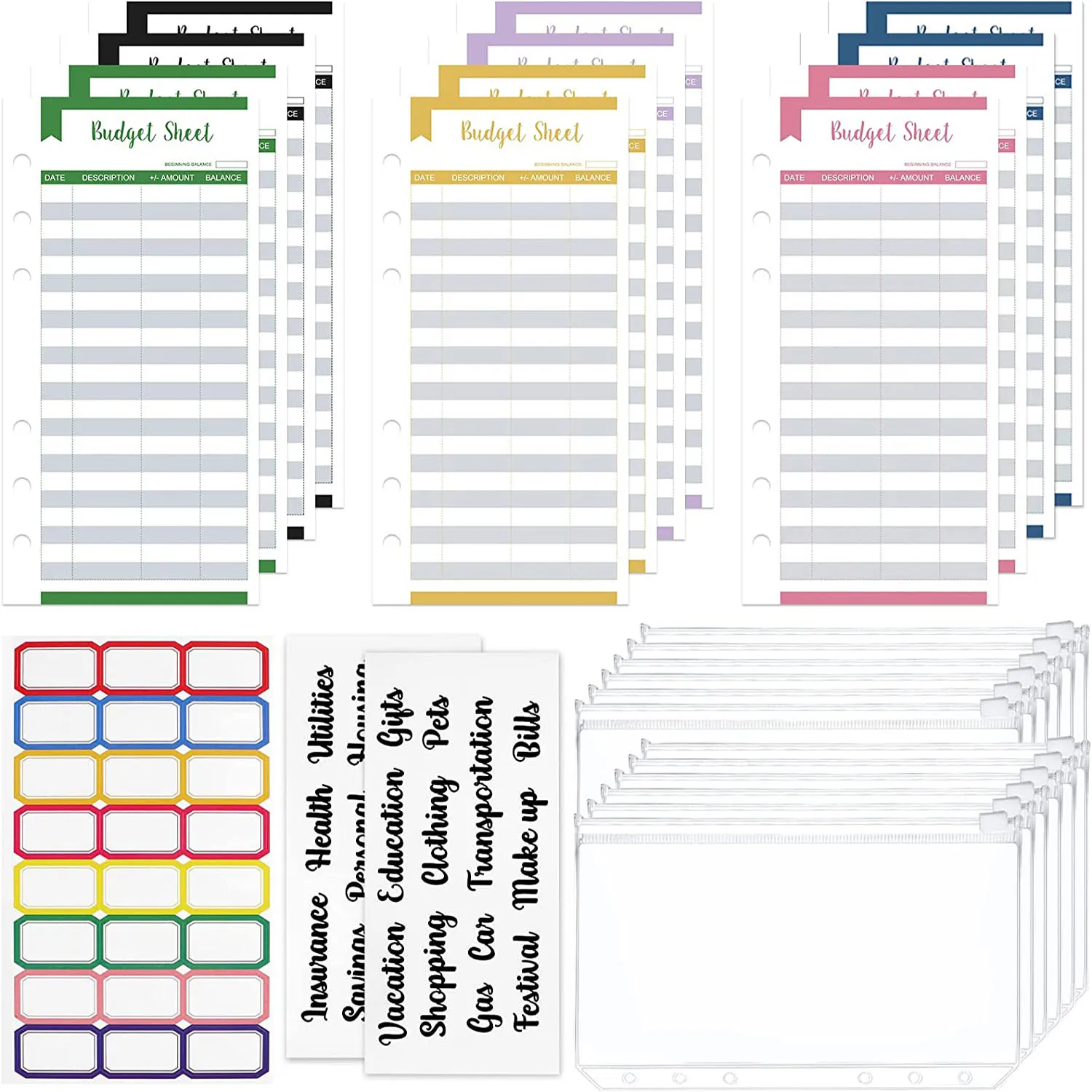 

12 Pieces A6 Size 6 Holes Binder Pockets 12 Budget Sheets Expense Tracker Sheets and 3 Sheets Cash Envelope Sticker for Planners