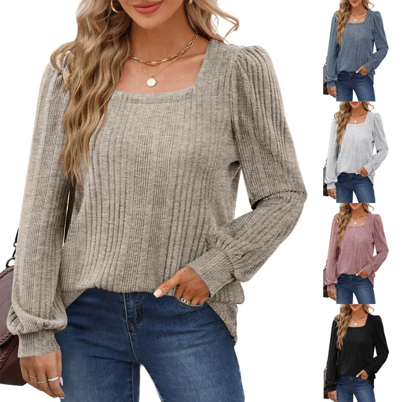 

New Autumn and Winter Women's Square Collar Fashionable Casual Long-Sleeved Tops