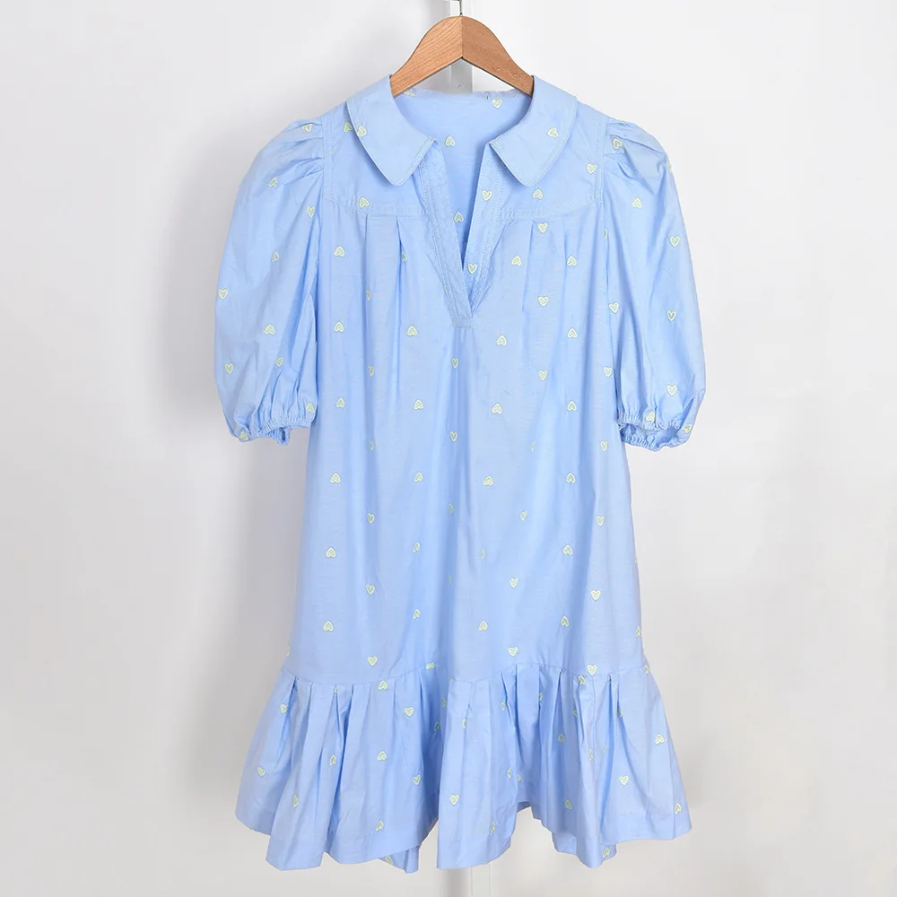 

Women Short Dress Love Embroidery Sweet Loose Summer New V-neck Puff Sleeve Mini Robe