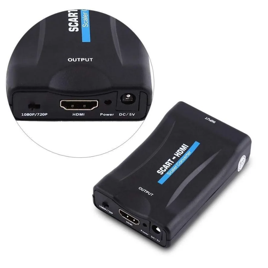 SCART To HDMI Converter Adapter SCART To HDMI-compatible 1080P Video Audio Upscale Converter Adapter USB Cable Sky Box STB Plug and Play DC Cable