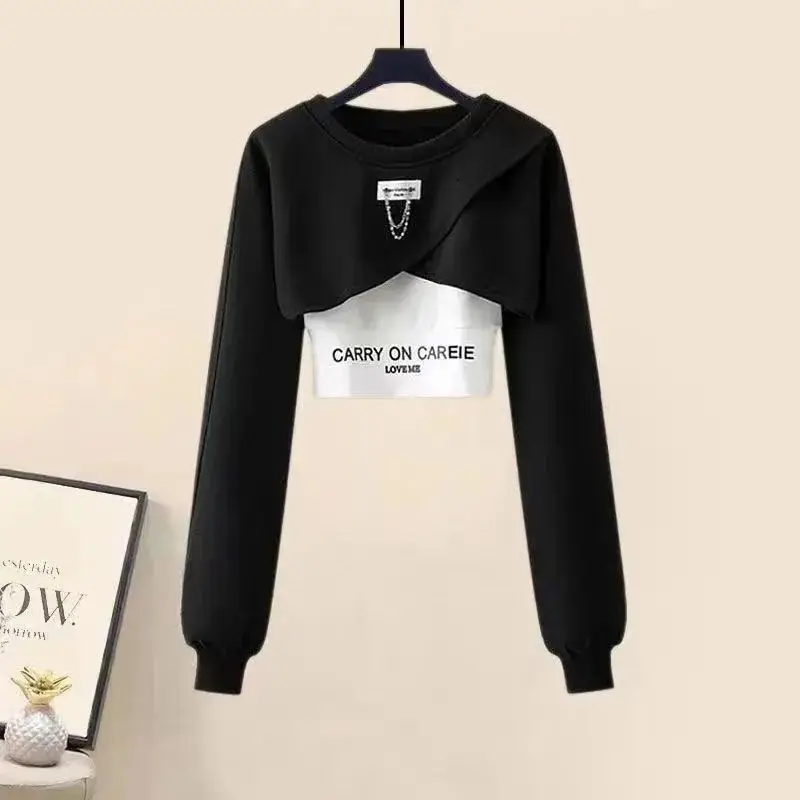 Women's Set Spring and Autumn Korean Edition Long Sleeved Top with Layered Tank Top+Perforated Jeans Three Piece Set Fashion