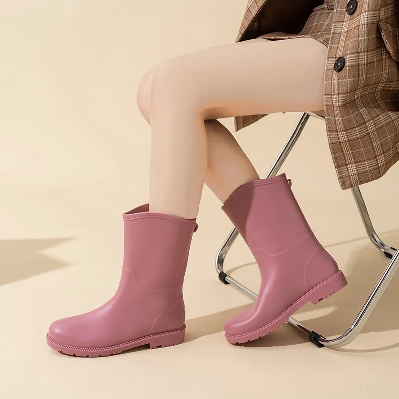 New 2023 Women Fashion Mid-calf Rain Boots Waterproof PVC Outdoor Rainboots Non-slip Solid Color Water Shoes Wellies