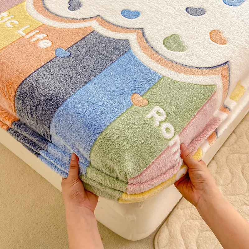 Soft Warm Snowflake Velvet Plush Fitted Sheet Elastic Mattress Cover Fluffy Coral Fleece Bed Linen Winter Couple Customized size 4