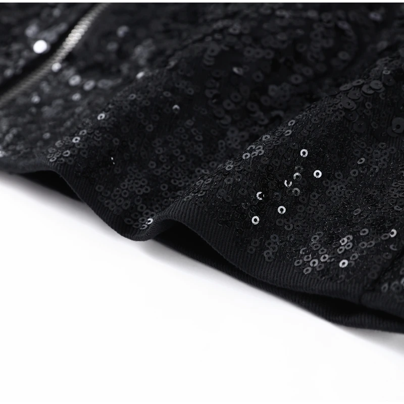 Schwarze Paillettenjacke, Reverskragen, stumpfe Ärmel, Reißverschlusstasche, Mantel, 2023, Frühling und Herbst, weiblich, High Street, Oberbekleidung im England-Stil – Detail 3