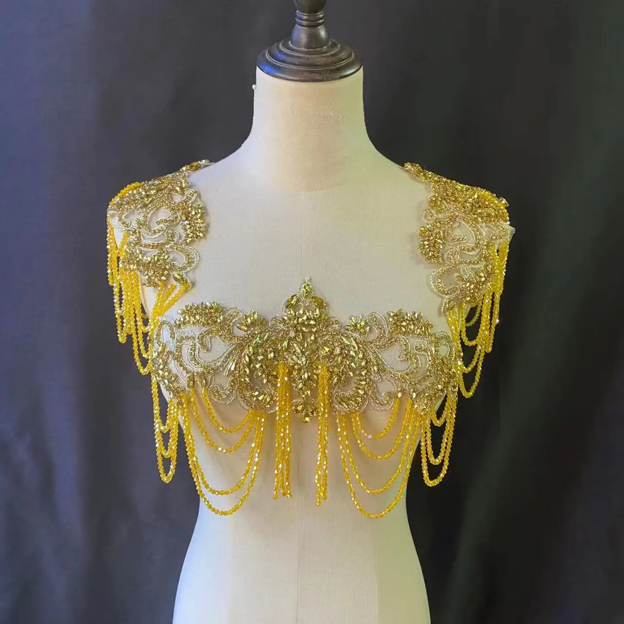 

High End Gold Handmade Chains Rhinestone Applique Fringe Bodice Patch for Tassel Shouder Dress,Bridal Sash,Colorful Neckline