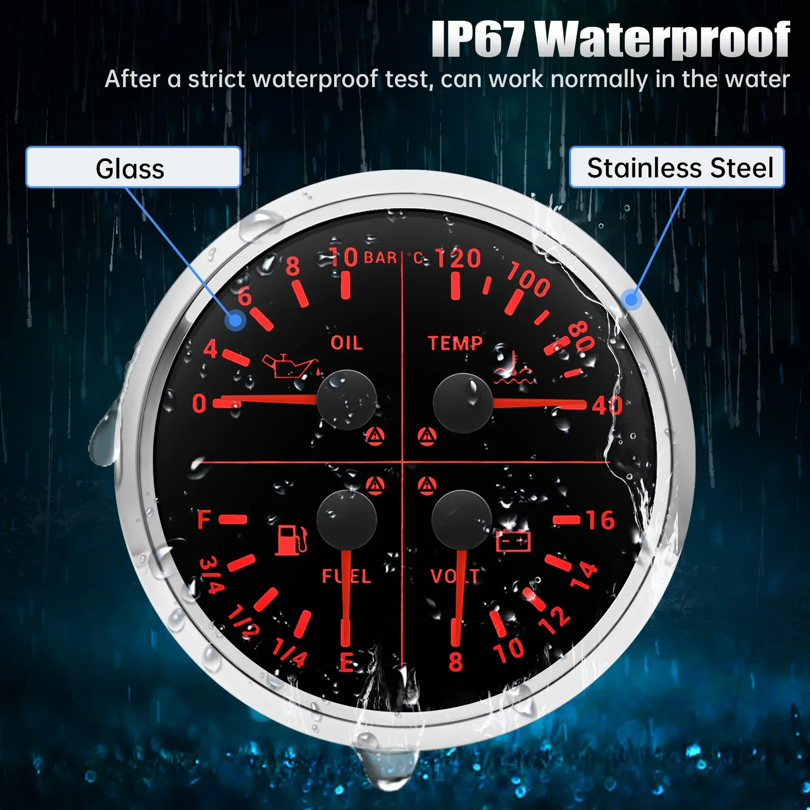 4-in-1 LED Car Marine Gauge 110mm 2
