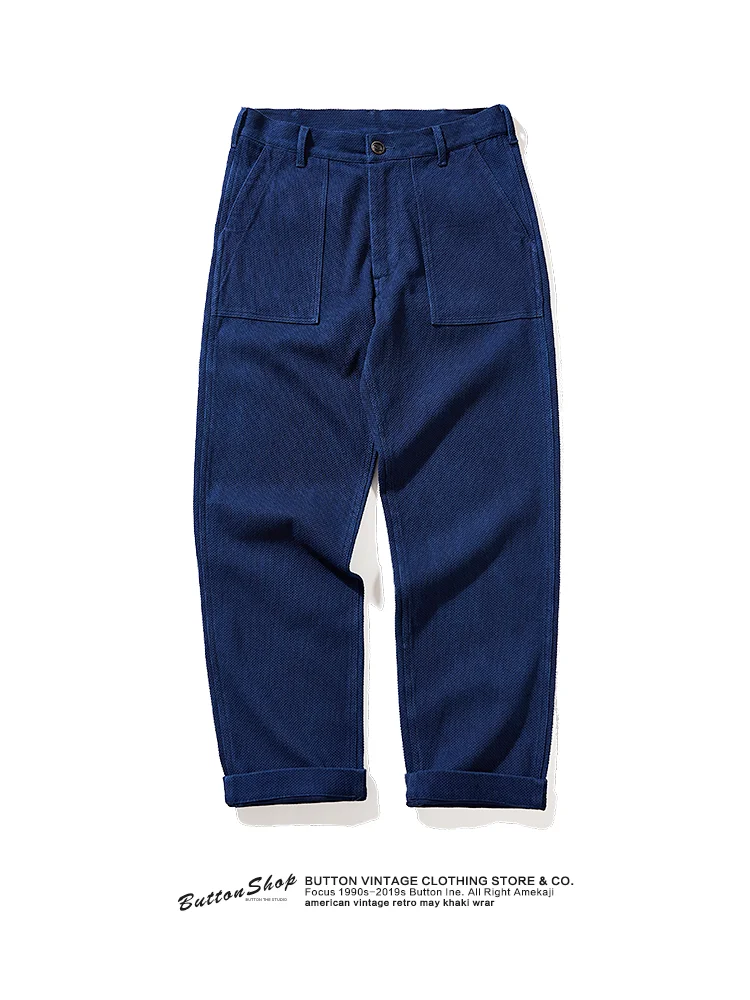 Retro Military Blue Dye Men's Long Pants Heavyweight Indigo RL Workwear Trousers Straight Leg Cotton Casual Pants