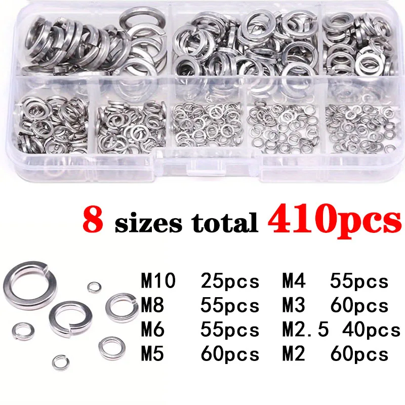 410pcs Spring Washer 304 Stainless Steel M2 M2.5 M3 M4 M5 M6 M8 M10 Split Spring Washer locking Elastic Gasket