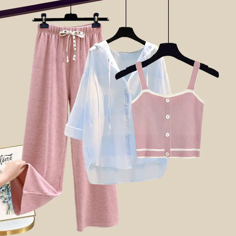 Large Women's Summer Set Women's 2023 New Sunscreen Shirt Women's Slim Slim Slim Strap Tank Top Wide Leg Pants Three Piece Set