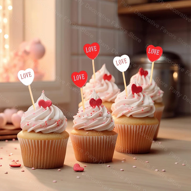 100pcs Love Heart Bamboo Food Picks Cupcake Topper Dessert Buffet Fruit Picks Wedding Birthday Supplies Valentines Day Decor