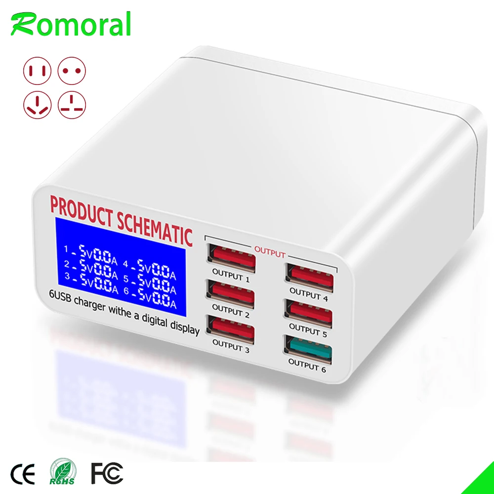 QC3.0 LCD 디스플레이와 USB 충전기 6 포트 데스크탑 휴대 전화 충전기 스마트 폰 태블릿 pc에 대 한 스마트 빠른 충전