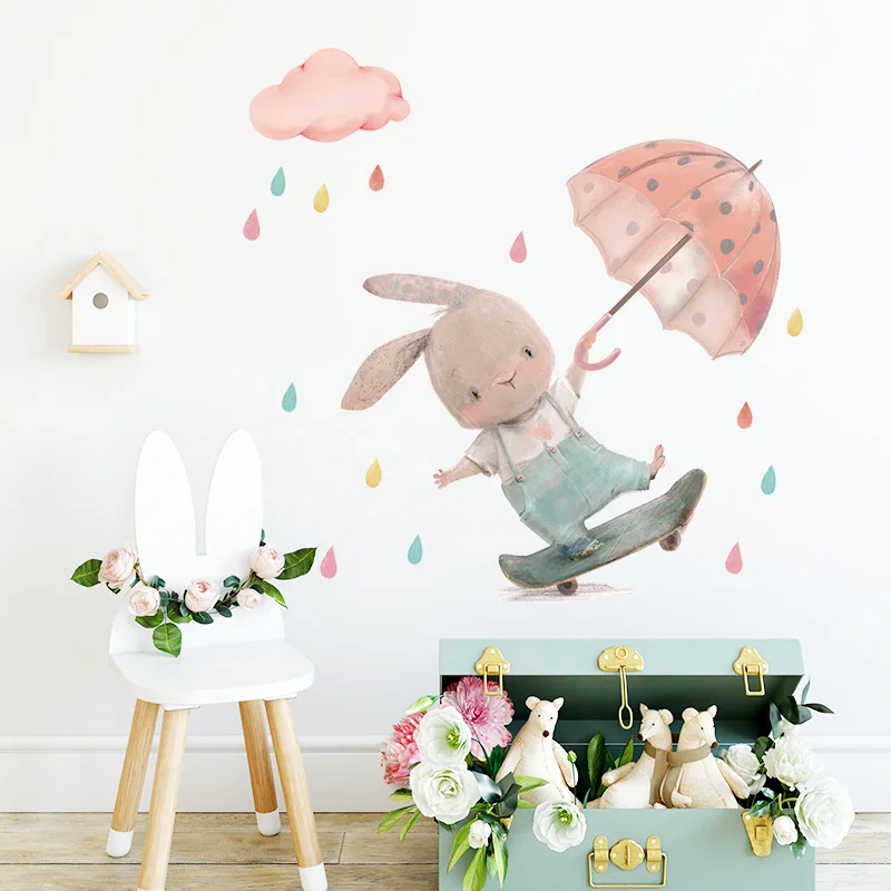 Cute Bunny Boy on Skateboard with Umbrella Wall Stickers babiesdecor.myshopify.com