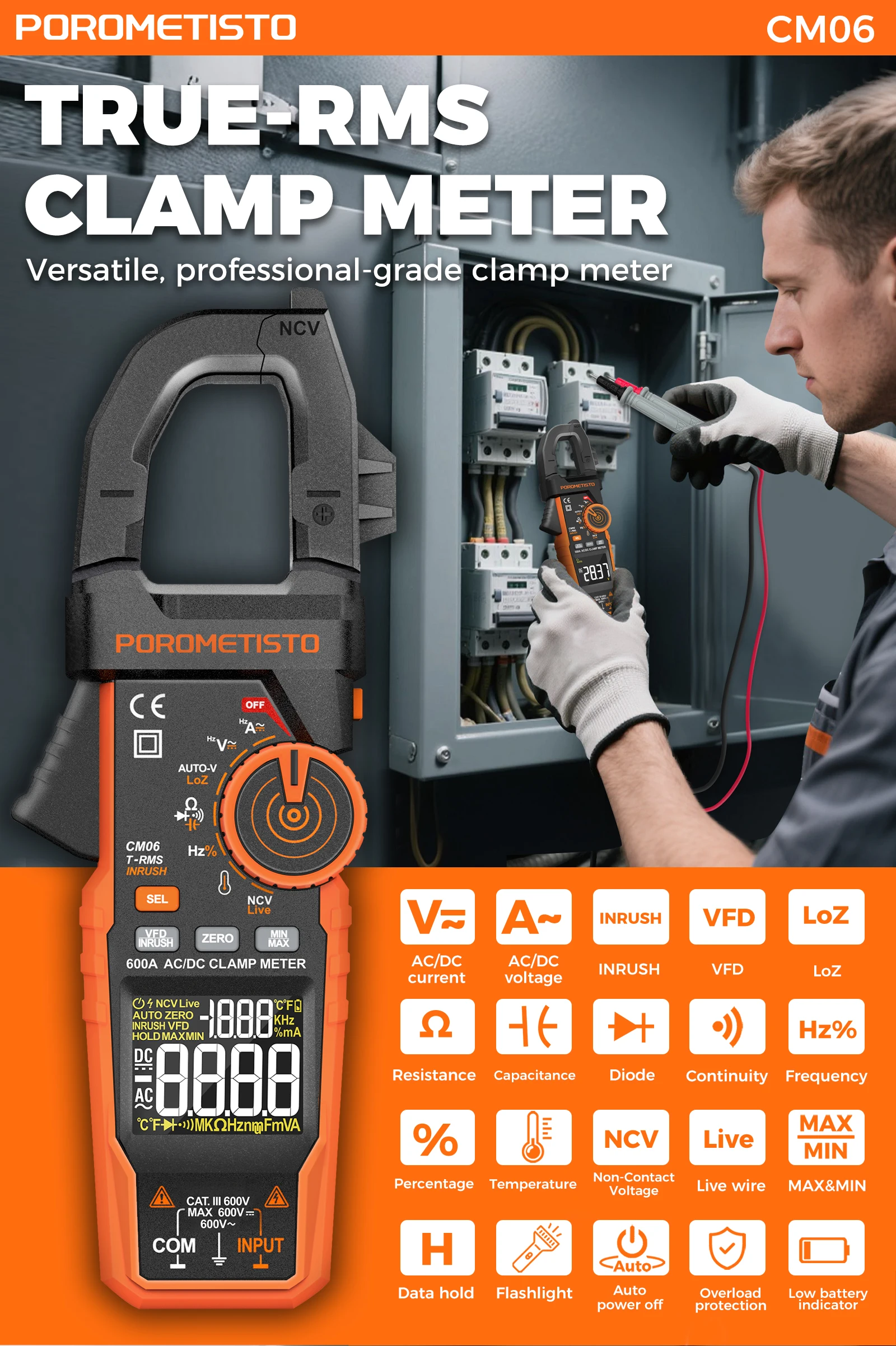 CM06/CM06Pro Auto-ranging Clamp Meter 600A/1000A True RMS Inrush AC DC Voltage Tester Digital Multimeter Ammeter Ohm Capacitance Frequency Temp NCV VFD LoZ Duty Cycle Resistance Diode Continuity with Case Flashlight Test Leads