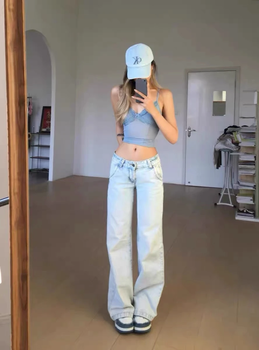 y2k Vintage Women Jeans Low Waist Zipper Button Solid Trousers with Pockets Aesthetic Streetwear Washed Jeans photo review