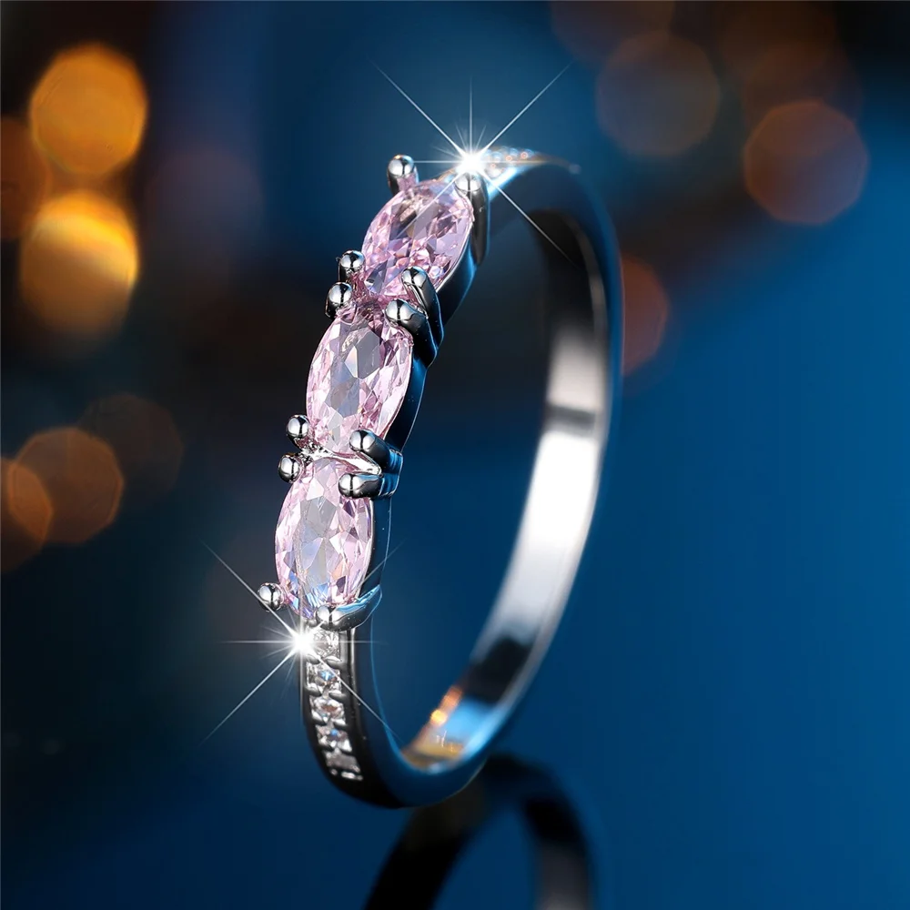 Female Cute Pink Zircon Stone Ring Vintage Silver Color Wedding Jewelry Promise Engagement Rings For Women