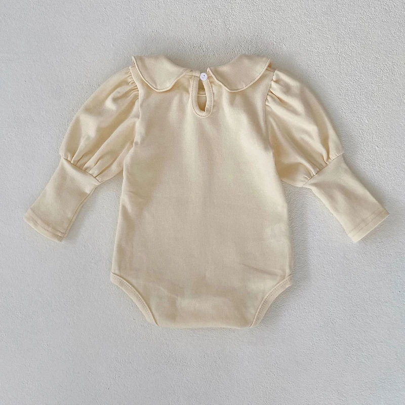 Autumn New Baby Clothing for Girls Fashion Versatile Doll Neck Bubble Long sleeved Sweetheart Solid Color Crawling jumpsuit 2