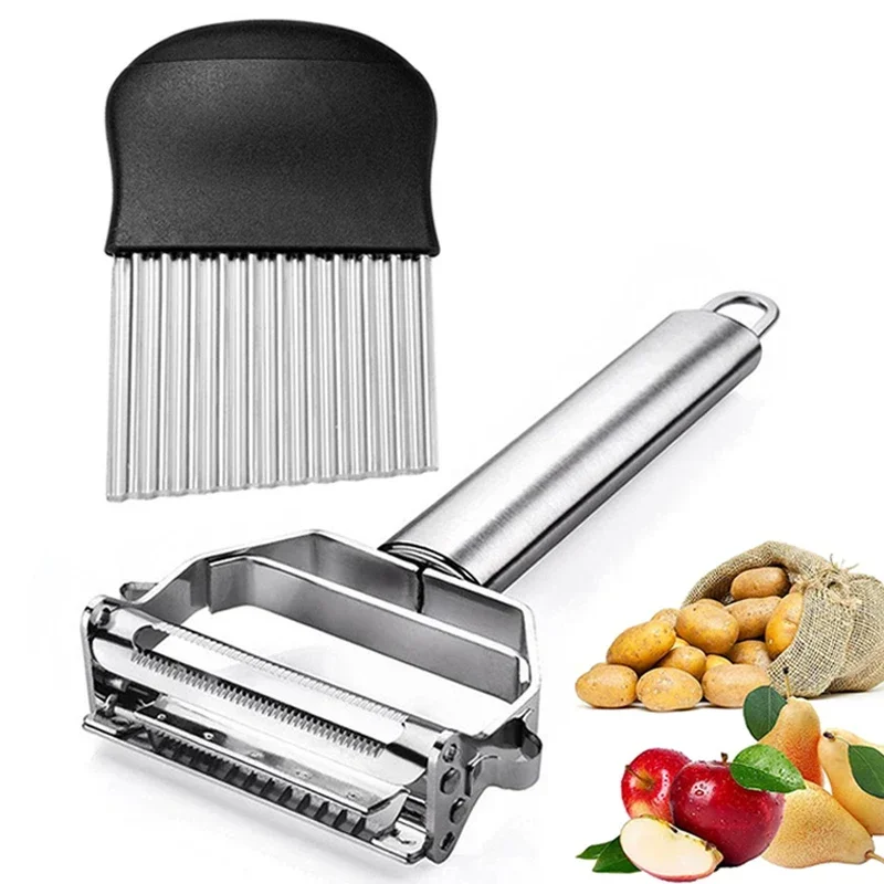 2Pcs Vegetable Peeler Potato Cutter Wavy Knife French Fries Carrot Onion Slicer Holder Vegetable Cutting Tools Kitchen Gadgets
