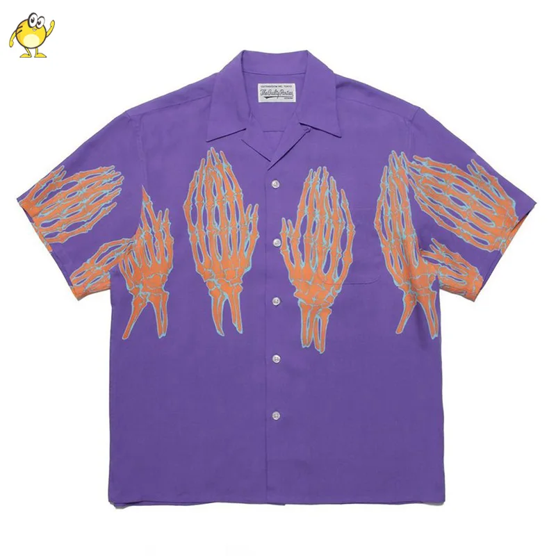 Ghost Hand Print WACKO MARIA Hawaii Short Sleeve Shirt Men Woman 1:1 Summer Casual Black Purple Tops