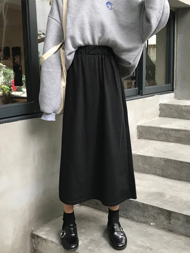 

Skirts Women Simple Solid Leisure Loose Long Skirt Korean Style Elastic-Weight A-line Student Streetwear Trendy BF