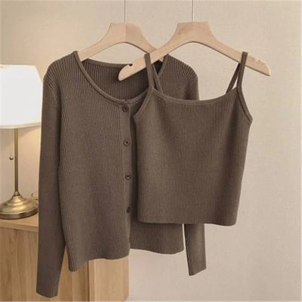 

Korean Two-piece Suits Casual Sling Camisole Knitted Cardigan Jacket 2021 Spring Slim Fit Fashion Solid 2 Piece Sets Female