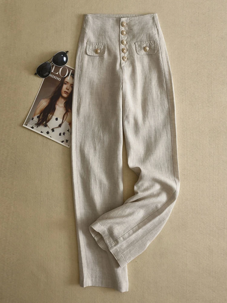 

Summer New Women's High Waist Wide Leg Pants Fashion Thin Cotton and Hemp Loose Slim Straight Linen Leisure Buckle Pants Women