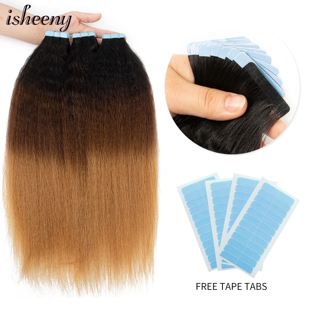 

Isheeny Kinky Straight Tape In Human Hair Extensions Ombre Color For Women 22" Invisible Tape Hair Extensions 20pcs