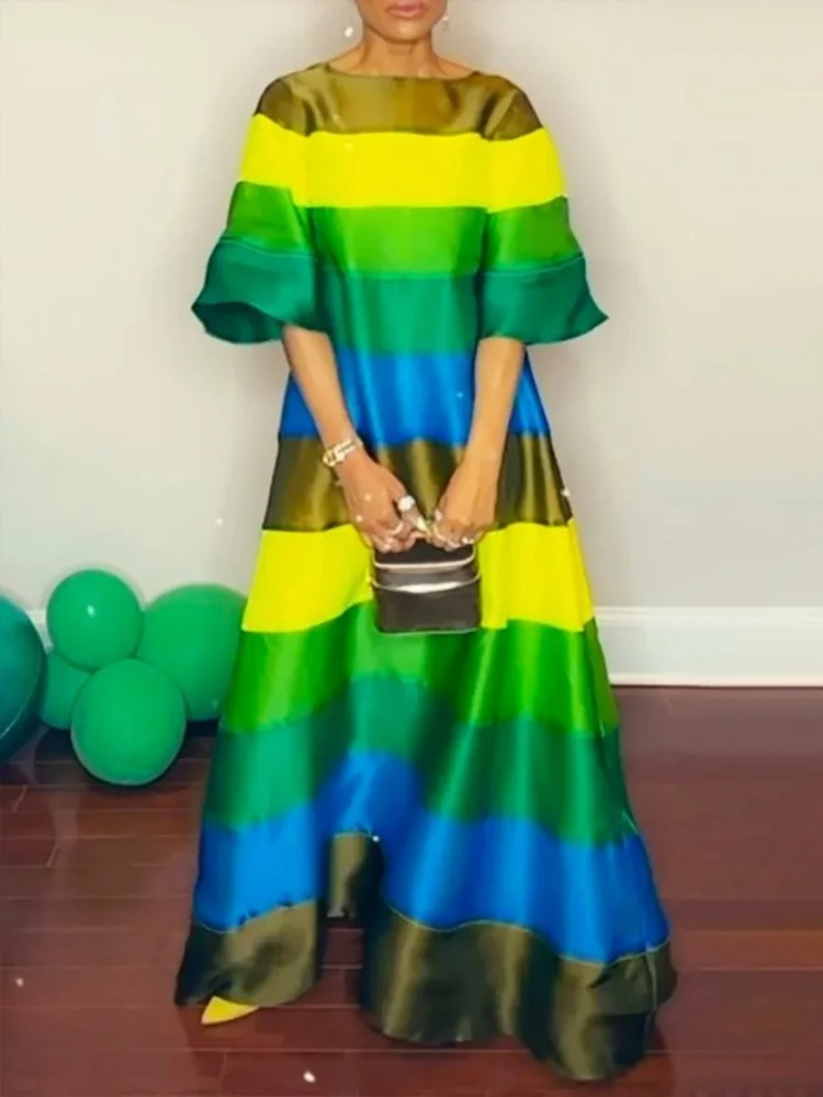 Wmstar 2025 New Women Fashionable Elegant Dress Printing Stripes Color Matching A line Dress Short Sleeveless O Neck