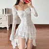 Goth Dark Fairycore Lace Flare Sleeve Square Neck A-line Dress Sweet E-girl Irregular Long Hem Dresses Cyber Y2K Party Vestido 2