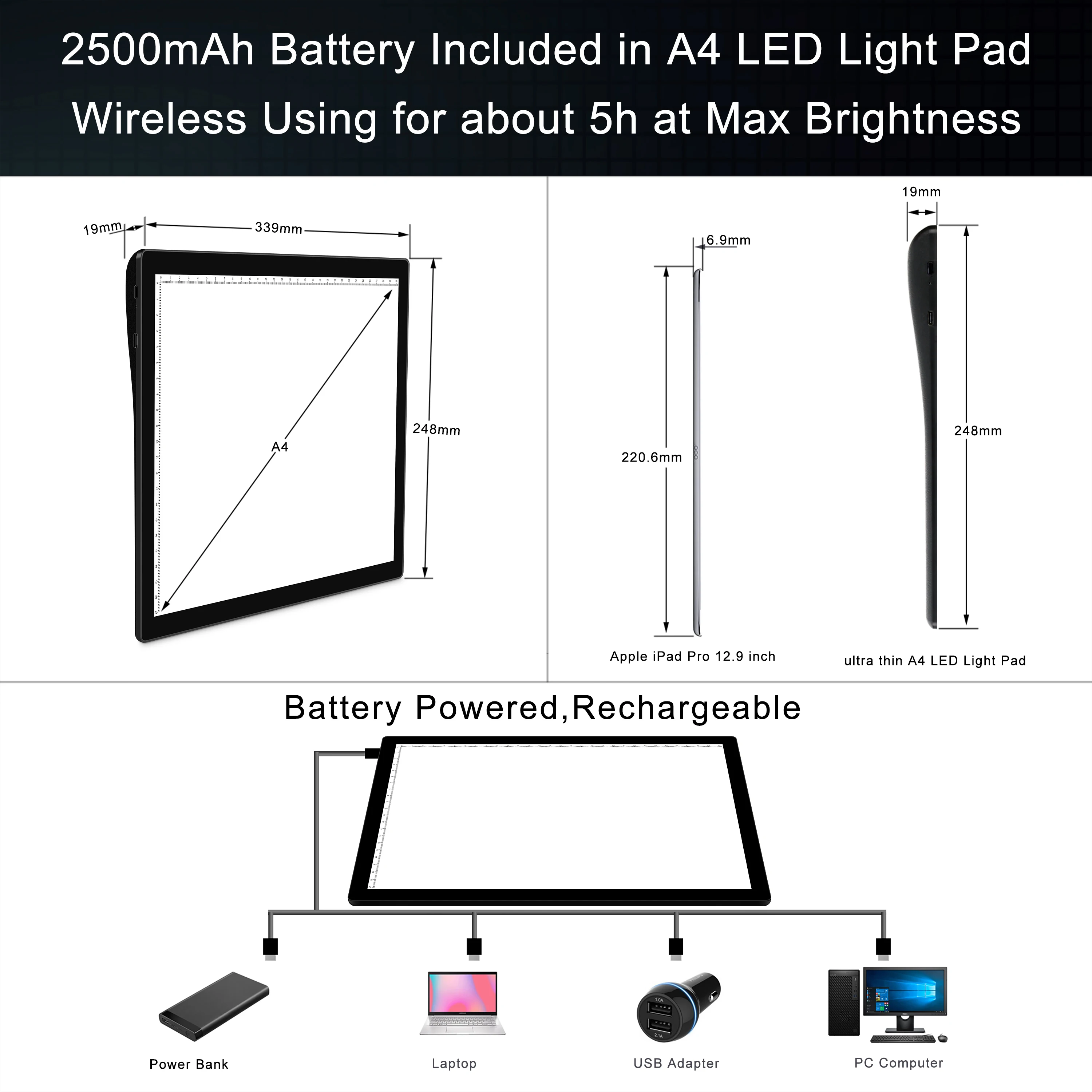 A4 Rechargeable Wireless Battery Powered LED Light Pad Artcraft Tracing Pad  Light Board for Artists Drawing X-ray Viewing - AliExpress