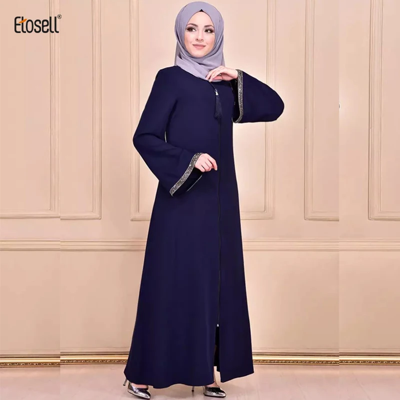 

ETOSELL Women Long Sleeve Muslim Dress Zipper Abaya Modest Islamic Clothes Maxi Kaftan Robe
