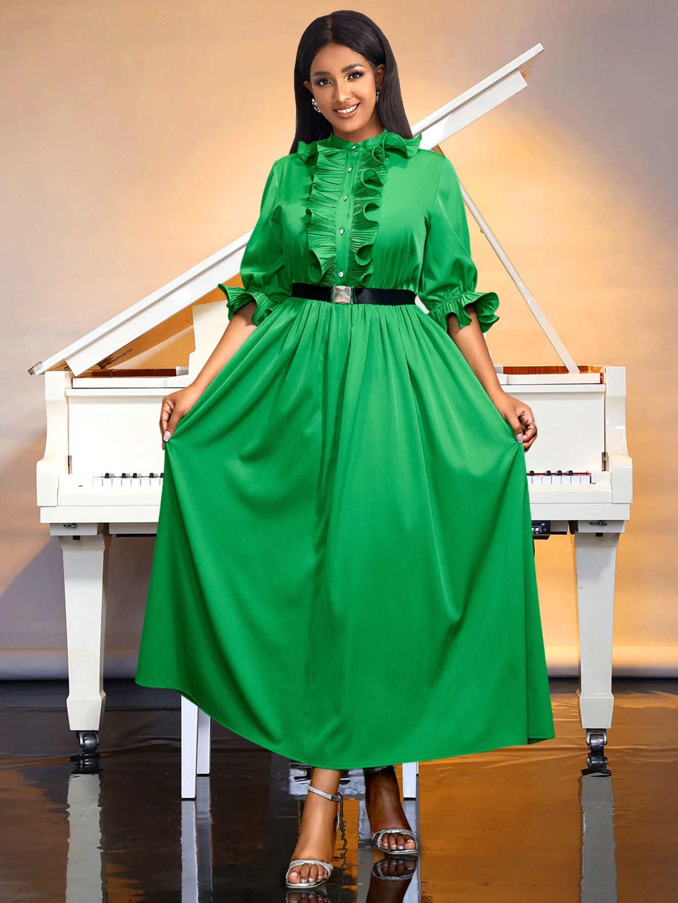 Elegantes grünes Freizeit kleid o Hals Rüschen halber Ärmel hohe Taille Pullover Knopf eine Linie Frauen langes Kleid mit Gürtel Sommer neu