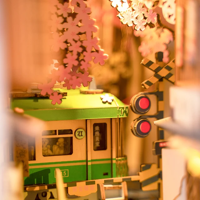 Robotime Rolife DIY Book Nook Japanese Sakura Densya Shelf Insert Wooden Miniature Dollhouse with Furniture Kits