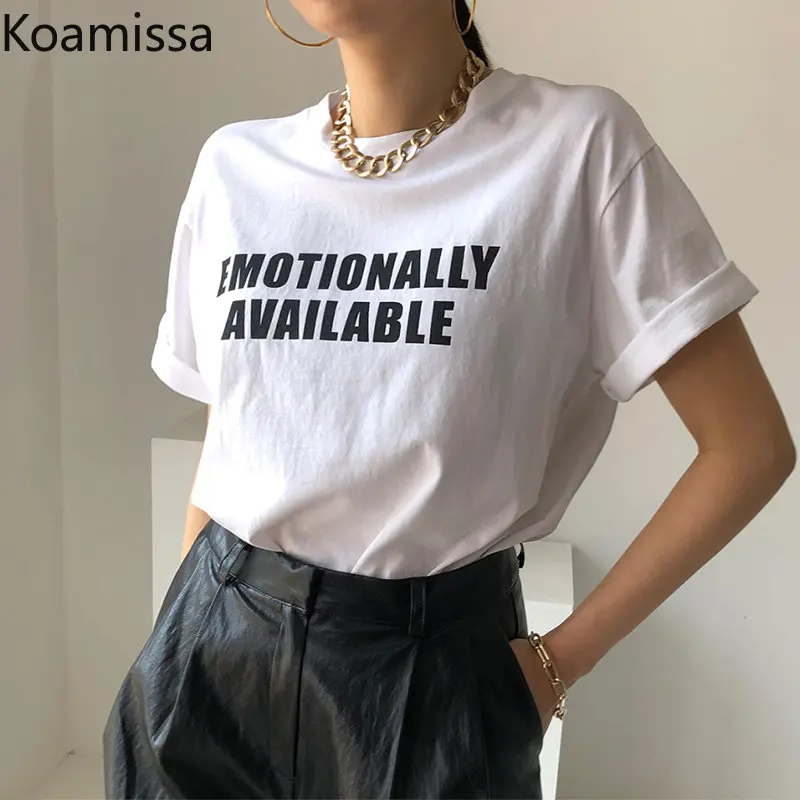 

Koamissa Simple Women Letter Print T-shirt Ladies Short Sleeves O-neck Causal Loose Tshirt Chic Korean All Match Summer Tees