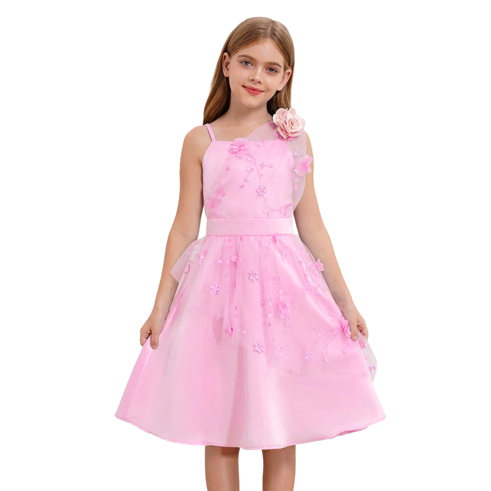 Kinder Blumenmädchen Blumen besticktes Tüllkleid Spaghettiträger hohe Taille Kleider formelle Hochzeit Geburtstag Party Abendkleid – Detail 22