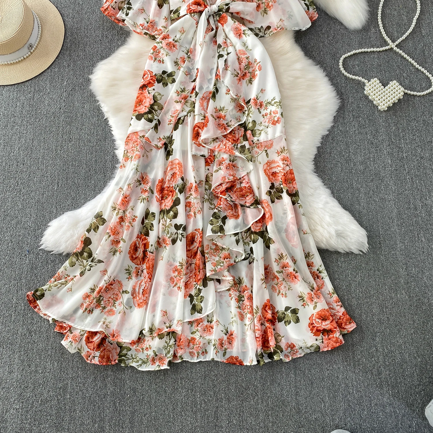 Summer Women Red/White/Yellow Floral Printed Irregular Ruffle Long Dress Vintage V-Neck Puff Sleeve Elegant Dress With Belt New