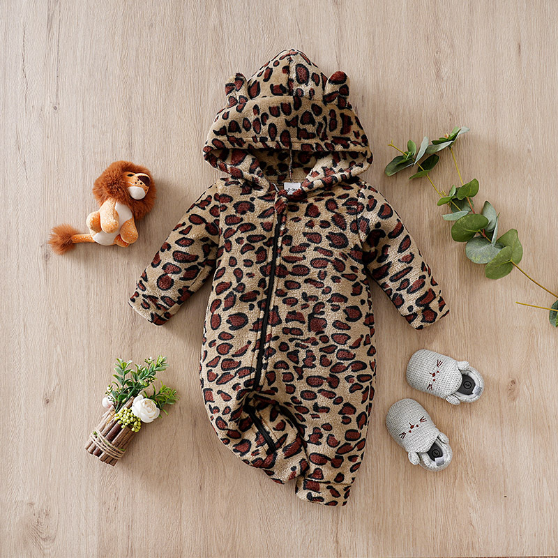 Winter Baby Long-Sleeve Hooded Romper 0-18Months Boys and Girls Baby Warm & Cozy,Thick Leopard Print 2025 Newborn  baby clothes