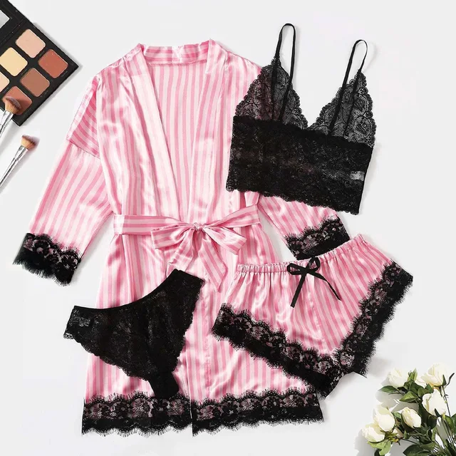 Ensemble pyjama en satin 4 pièces avec robe – Haut de pyjama à bretelles et short avec bordure en dentelle, le pyjama élégant incontournable pour femme