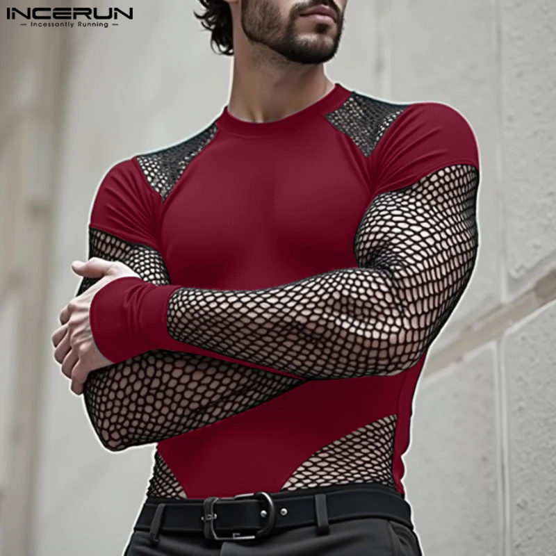 Men's Handsome Casual Long Sleeve Bodysuits Well Fitting Mesh Splicing Jumpsuits Comfortable Homewear Loungewear
